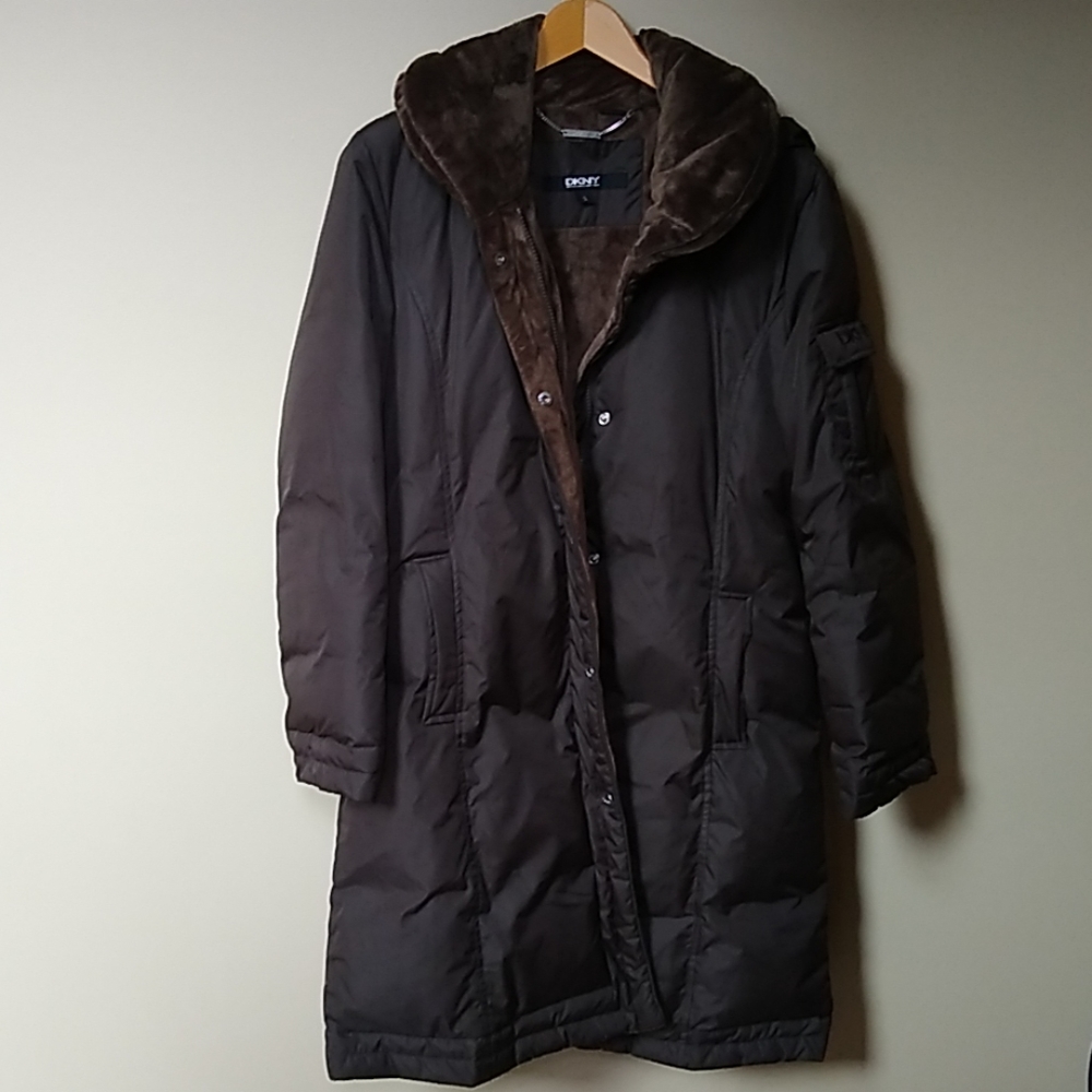 DKNY dark brown with hood knee length coat